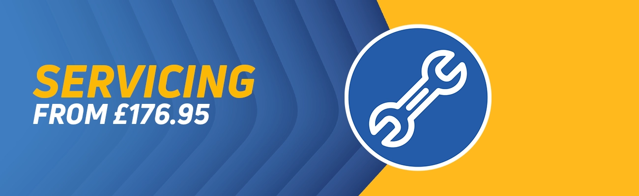 An image of a spanner with a blue and yellow background, with the text Servicing from £176.95