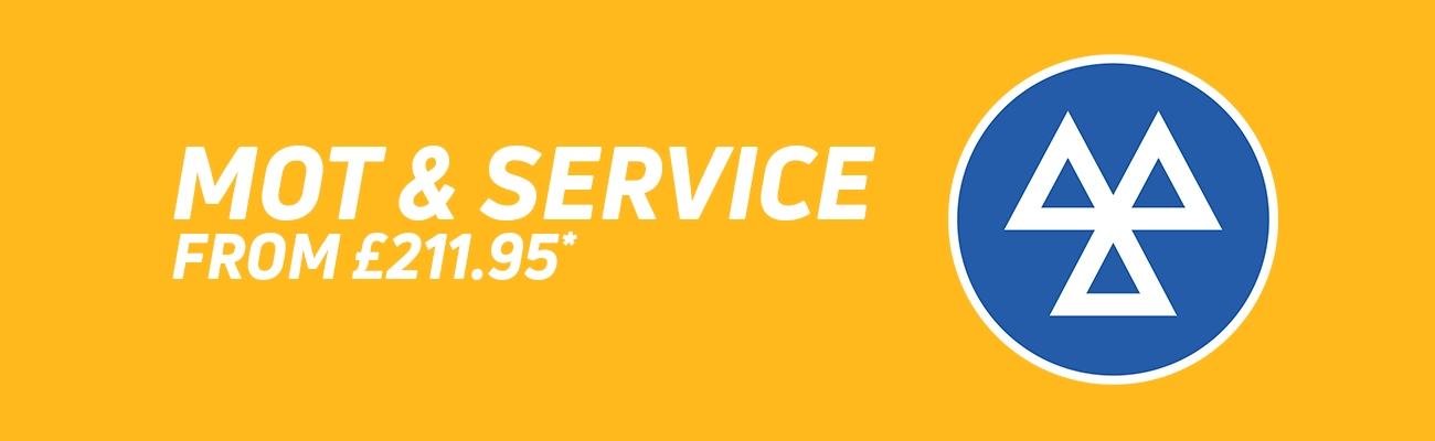 A yellow background with the MOT icon with text reading MOT & Service from £211.95*